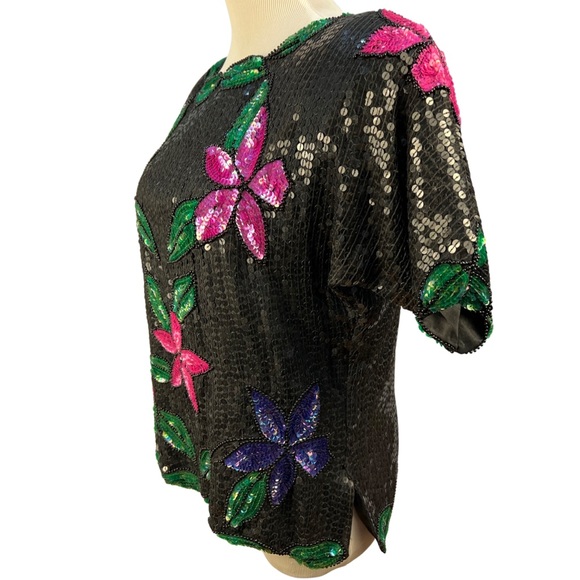 Vintage Sequin and Beaded Top, Black sequin with Hot Pink Flowers, Kelly Green - Picture 4 of 10